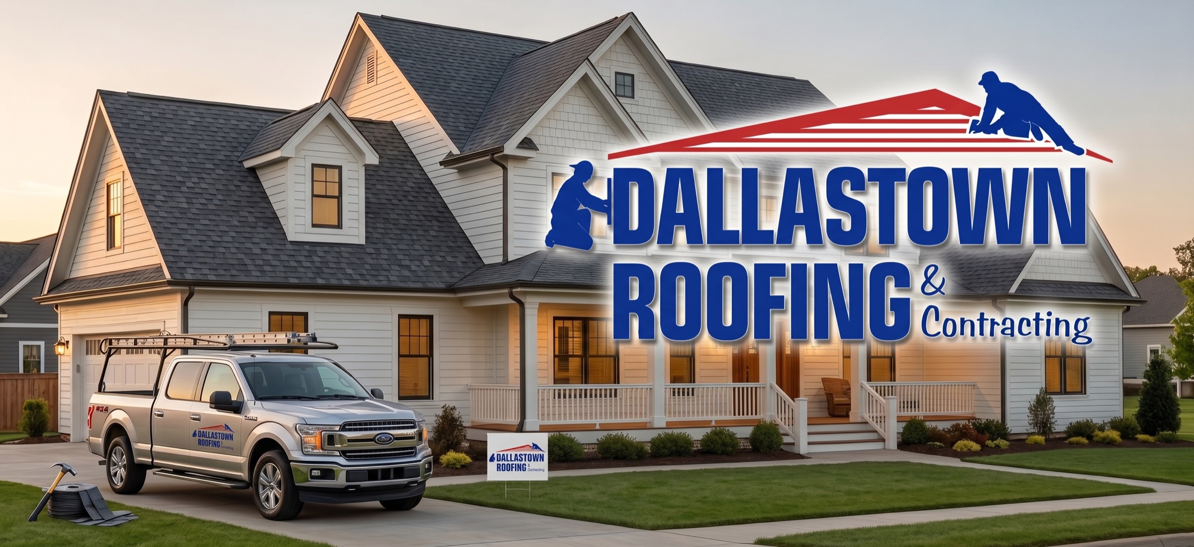 A Dallastown Roofing & Contracting work truck parked in front of a newly shingled home